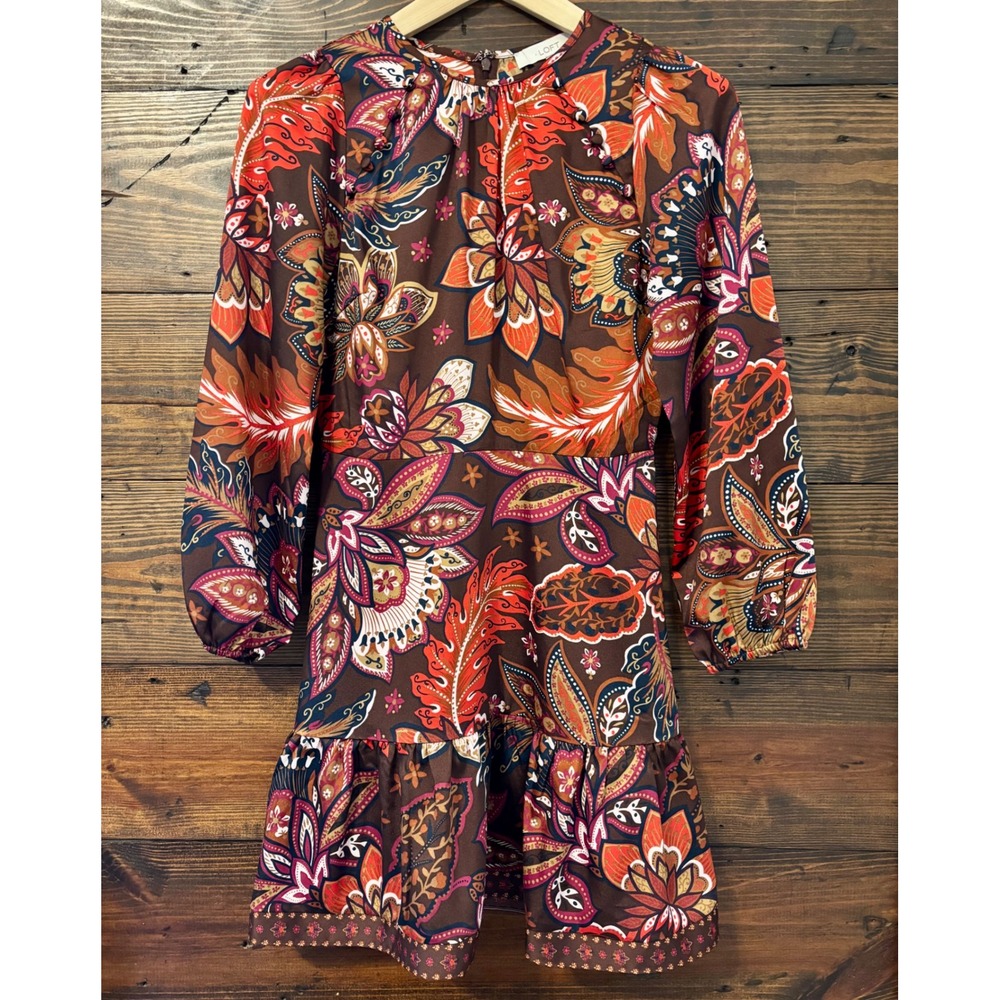 Loft Paisley Mini Dress Womens 0 Brown Orange Long Sleeve 70s Mod Boho Chic Fall